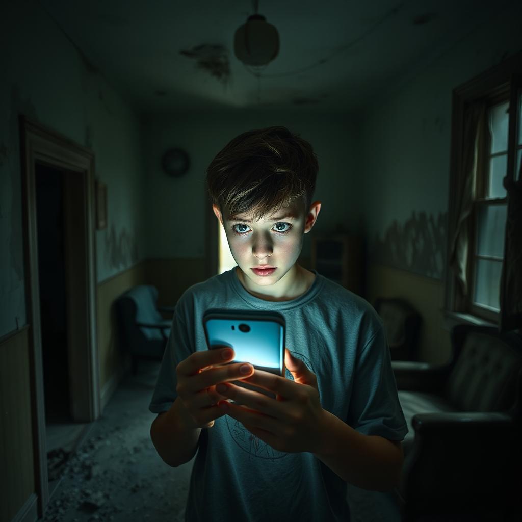 In an abandoned old house, an 18-year-old teenager stands with his phone illuminated, casting a soft, eerie glow