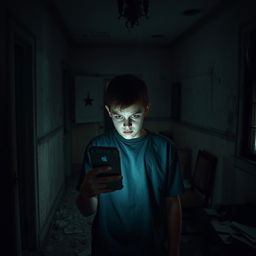 In an abandoned old house, an 18-year-old teenager stands with his phone illuminated, casting a soft, eerie glow