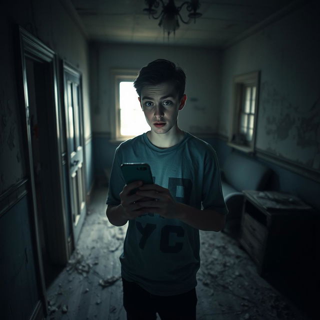 In an abandoned old house, an 18-year-old teenager stands with his phone illuminated, casting a soft, eerie glow