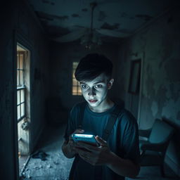 In an abandoned old house, an 18-year-old teenager stands with his phone illuminated, casting a soft, eerie glow
