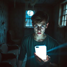 In an abandoned old house, an 18-year-old young man stands in the dimly lit room, holding his phone with the light turned on, casting eerie shadows around