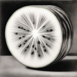 A black and white charcoal drawing, showcasing a watermelon