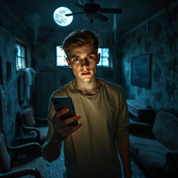 In an abandoned old house, an 18-year-old young man stands in the dimly lit room, holding his phone with the light turned on, casting eerie shadows around