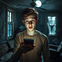 In an abandoned old house, an 18-year-old young man stands in the dimly lit room, holding his phone with the light turned on, casting eerie shadows around