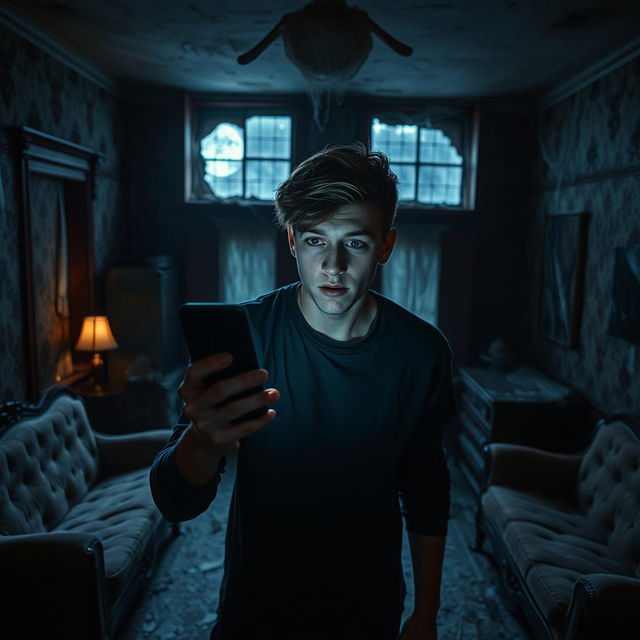 In an abandoned old house, an 18-year-old young man stands in the dimly lit room, holding his phone with the light turned on, casting eerie shadows around