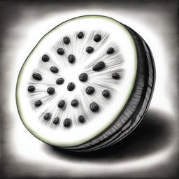 A black and white charcoal drawing, showcasing a watermelon