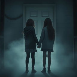 A scene depicting two young girls, one 16 years old and the other 11 years old, standing back to back on a porch in front of a closed door