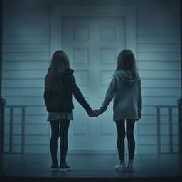 A scene depicting two young girls, one 16 years old and the other 11 years old, standing back to back on a porch in front of a closed door