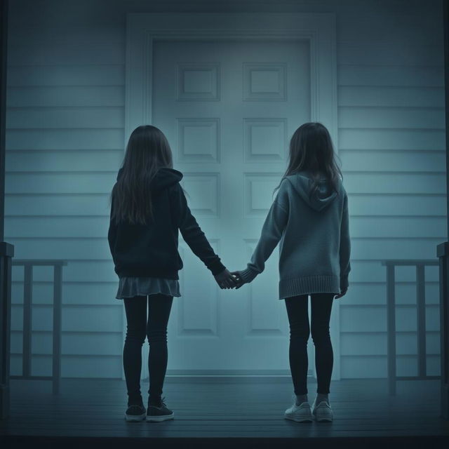 A scene depicting two young girls, one 16 years old and the other 11 years old, standing back to back on a porch in front of a closed door