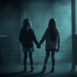 A scene depicting two young girls, one 16 years old and the other 11 years old, standing back to back on a porch in front of a closed door