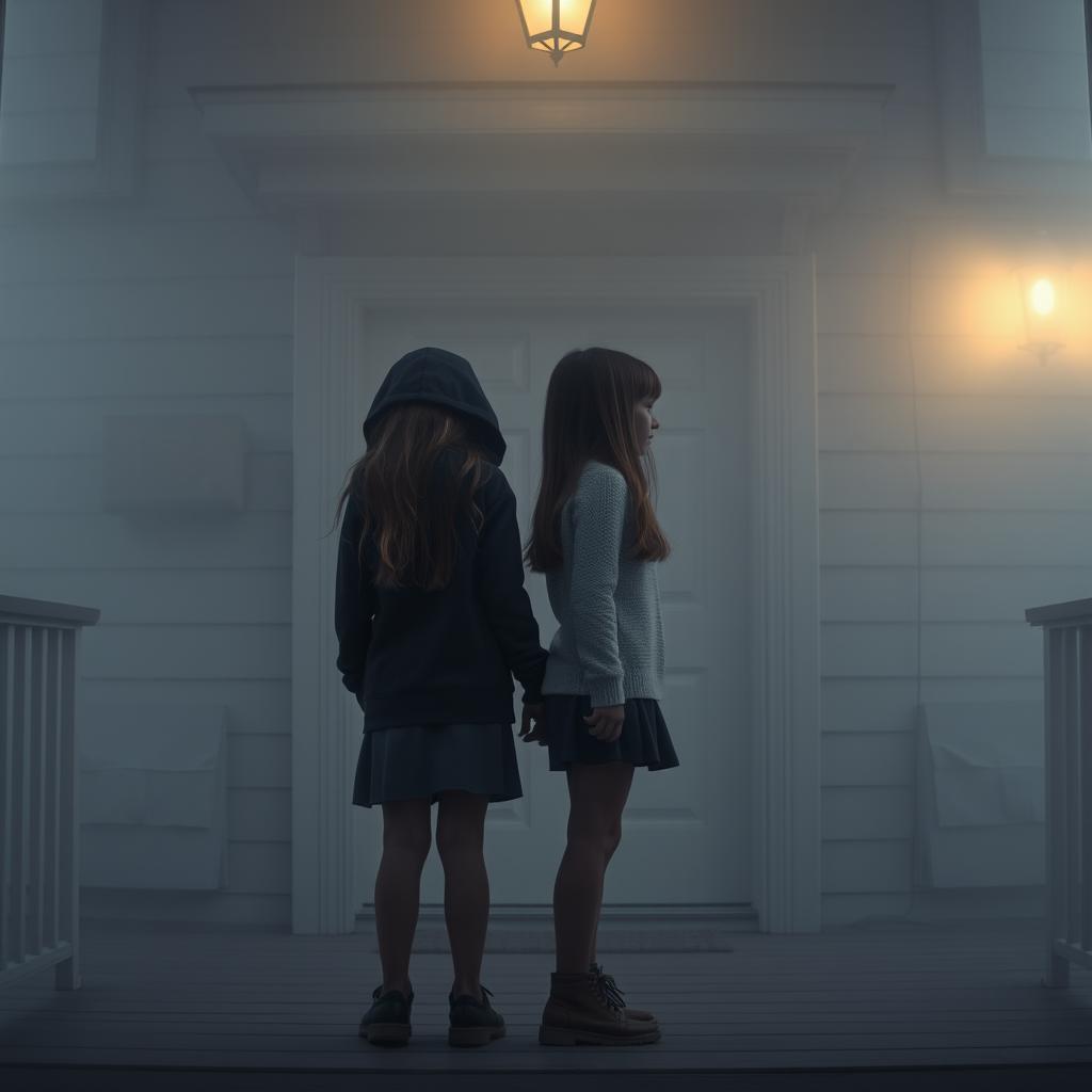 A scene depicting two young girls, one 16 years old and the other 11 years old, standing back to back on a porch in front of a closed door