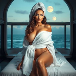 A full-body image of an alluring 50-year-old woman with Arab features, highlighted by her long wavy brown hair and captivating cyan eyes