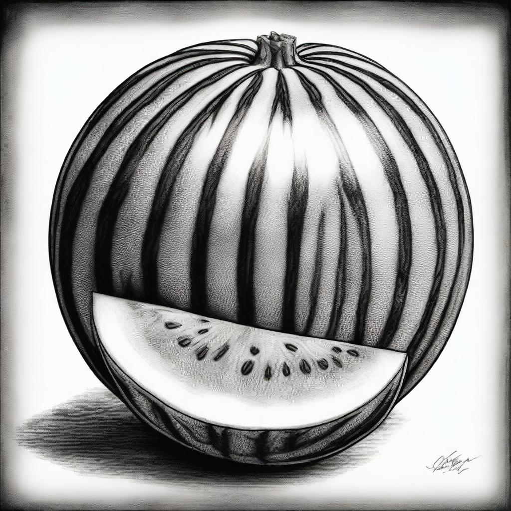 A black and white charcoal drawing, showcasing a watermelon