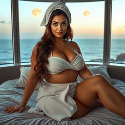 A full-body image of an alluring 50-year-old woman with Arab features, highlighted by her long wavy brown hair and captivating cyan eyes