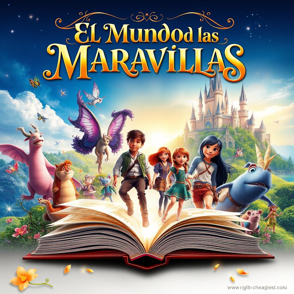 A movie poster featuring a whimsical fairy tale scene depicting magical creatures and enchanted landscapes