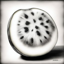 A black and white charcoal drawing, showcasing a watermelon