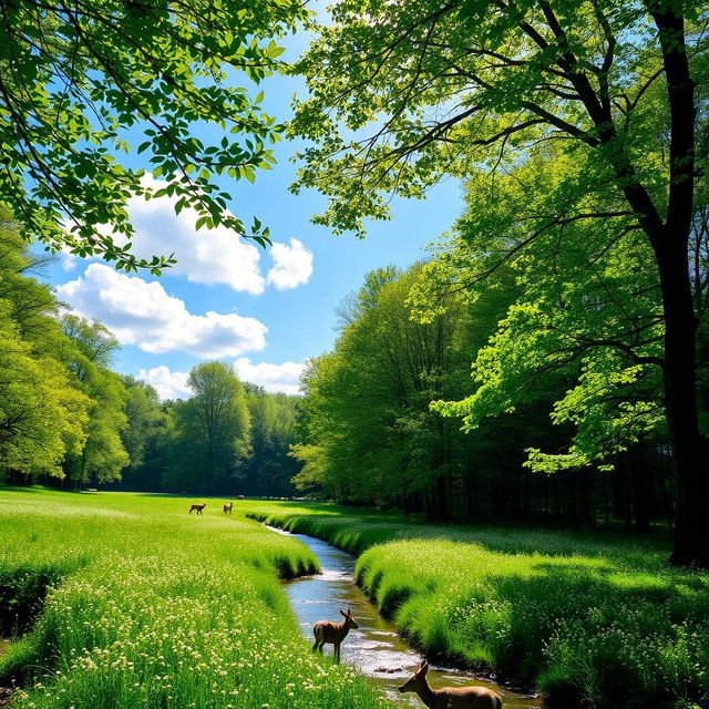 A scenic view of a lush green forest during springtime, with sunlight filtering through the leaves creating a dappled pattern on the soft carpet of wildflowers below