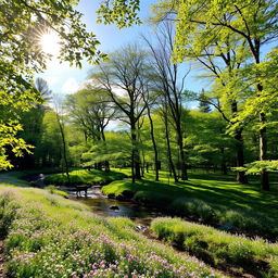 A scenic view of a lush green forest during springtime, with sunlight filtering through the leaves creating a dappled pattern on the soft carpet of wildflowers below