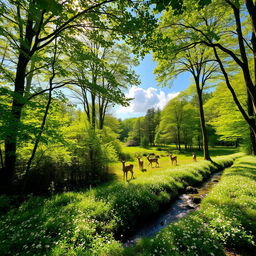 A scenic view of a lush green forest during springtime, with sunlight filtering through the leaves creating a dappled pattern on the soft carpet of wildflowers below