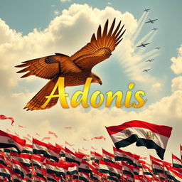 A vibrant and poignant image of a huge, majestic falcon soaring elegantly, symbolizing Egypt's victory in the Yom Kippur War