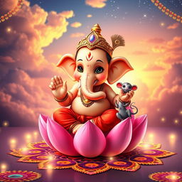 A charming, baby-like version of Shri Ganesh ji sitting on a vibrant pink lotus