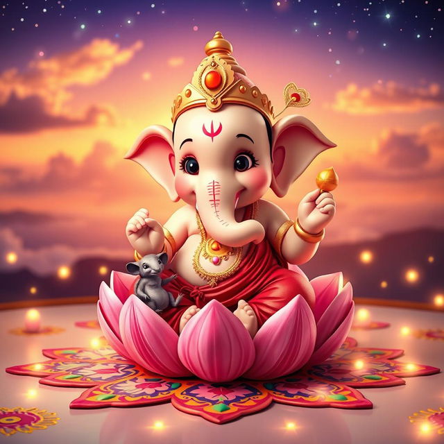 A charming, baby-like version of Shri Ganesh ji sitting on a vibrant pink lotus