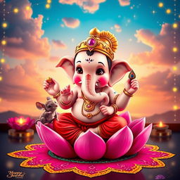 A charming, baby-like version of Shri Ganesh ji sitting on a vibrant pink lotus