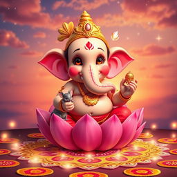 A charming, baby-like version of Shri Ganesh ji sitting on a vibrant pink lotus