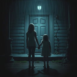 A scene filled with suspense and a sense of terror: a 19-year-old girl and a 10-year-old girl stand together, holding hands