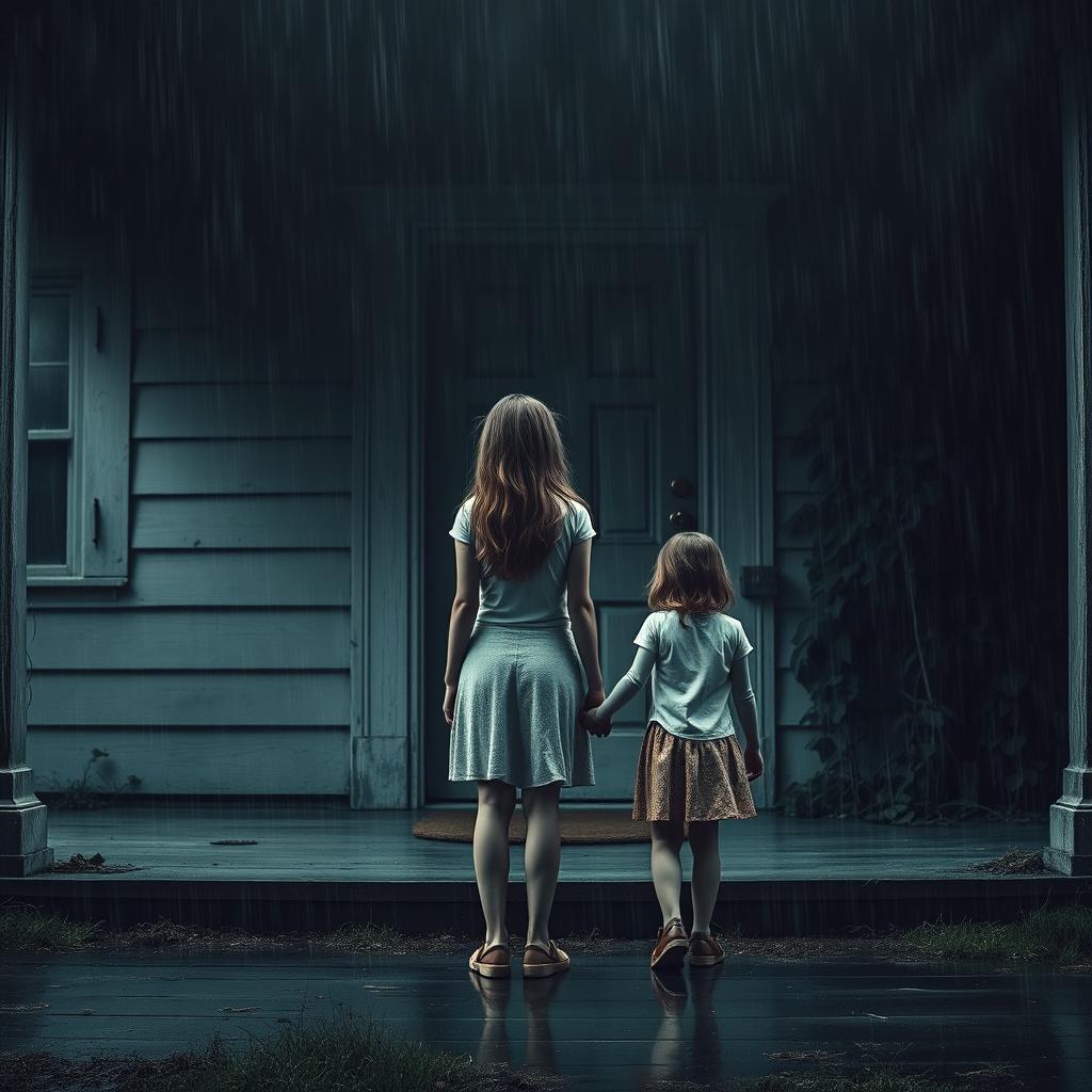 A scene filled with suspense and a sense of terror: a 19-year-old girl and a 10-year-old girl stand together, holding hands