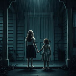 A scene filled with suspense and a sense of terror: a 19-year-old girl and a 10-year-old girl stand together, holding hands