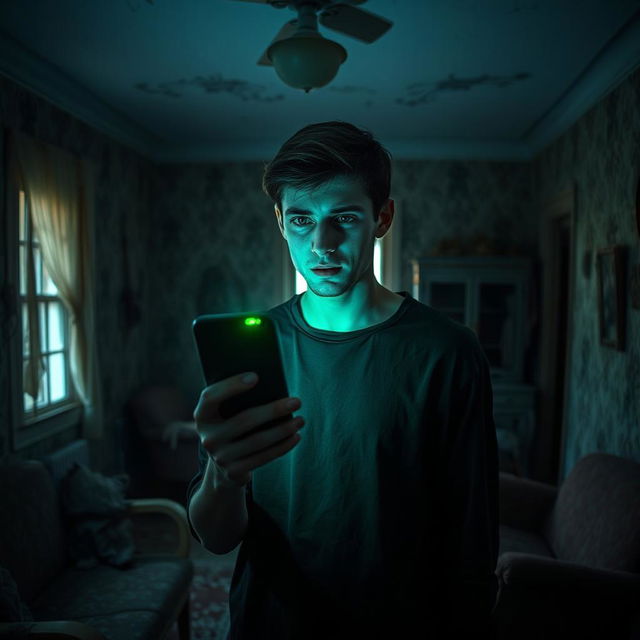 In an abandoned old house, a young man, age 18, stands in a dimly lit room, his face illuminated by the eerie green light of his phone