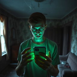 In an abandoned old house, a young man, age 18, stands in a dimly lit room, his face illuminated by the eerie green light of his phone