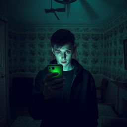 In an abandoned old house, a young man, age 18, stands in a dimly lit room, his face illuminated by the eerie green light of his phone