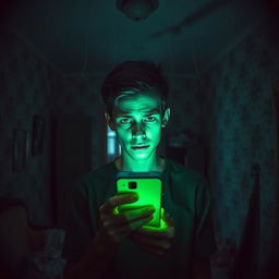 In an abandoned old house, a young man, age 18, stands in a dimly lit room, his face illuminated by the eerie green light of his phone