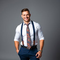 A vertical image of a handsome, muscular man with a chiseled face, wearing navy blue trousers and a crisp white shirt