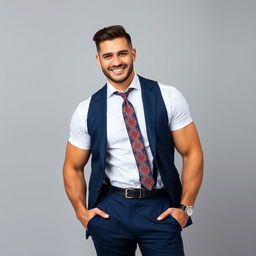 A vertical image of a handsome, muscular man with a chiseled face, wearing navy blue trousers and a crisp white shirt