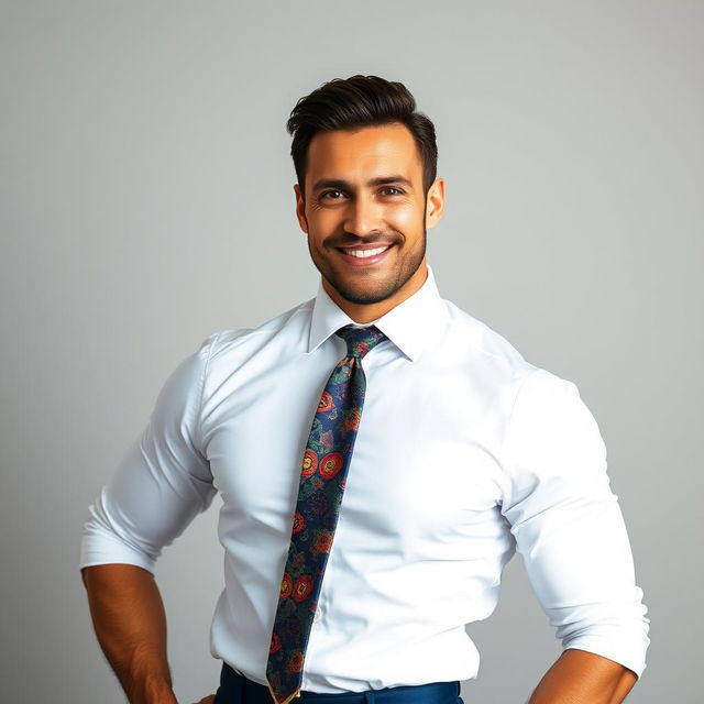 A vertical image of a handsome, muscular man with a chiseled face, wearing navy blue trousers and a crisp white shirt