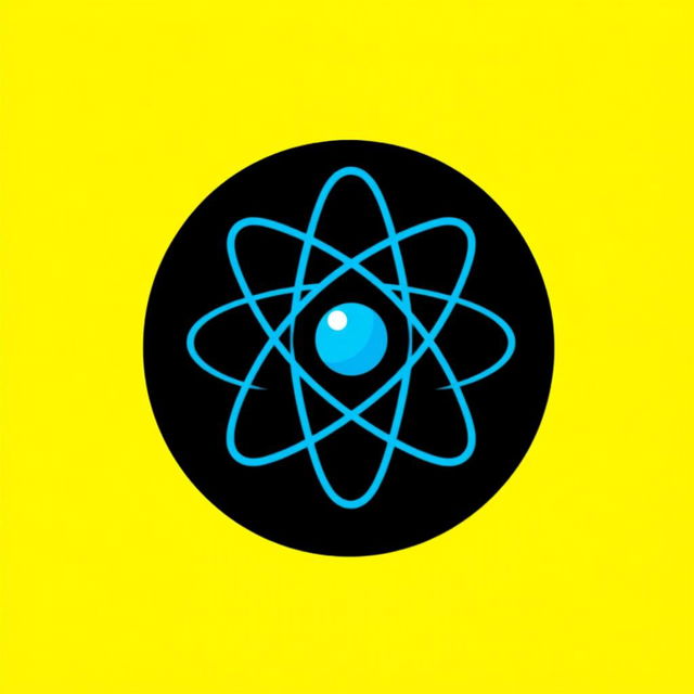 A logo designed in a black circle featuring a vibrant yellow background