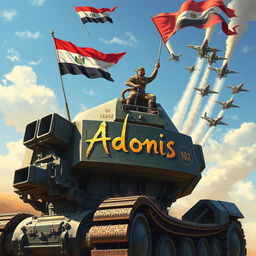 A vibrant and poignant image of a huge, imposing war machine, featuring robust details and a powerful presence, being mounted by a brave hero dressed in military attire that symbolizes Egypt's victory in the Yom Kippur War