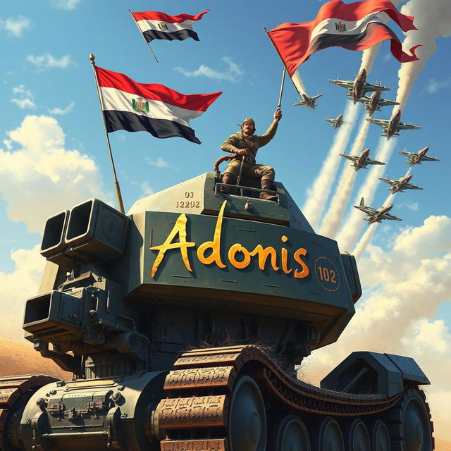 A vibrant and poignant image of a huge, imposing war machine, featuring robust details and a powerful presence, being mounted by a brave hero dressed in military attire that symbolizes Egypt's victory in the Yom Kippur War
