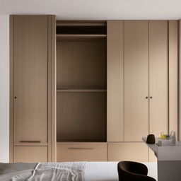 A harmonious room layout featuring a restful bed, a spacious cupboard for storage, and a functional study table under natural lighting.