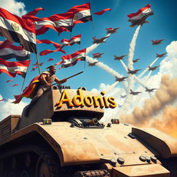 A vibrant and poignant image of a huge, imposing war machine, featuring robust details and a powerful presence, being mounted by a brave hero dressed in military attire that symbolizes Egypt's victory in the Yom Kippur War