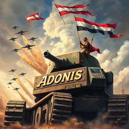 A vibrant and poignant image of a huge, imposing war machine, featuring robust details and a powerful presence, being mounted by a brave hero dressed in military attire that symbolizes Egypt's victory in the Yom Kippur War