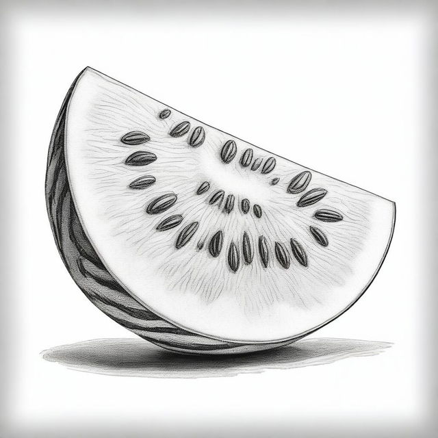 A meticulously detailed, black and white pencil drawing of a juicy watermelon slice