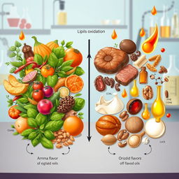 A scientific illustration showcasing the role of lipids oxidation in flavor and off-flavor development