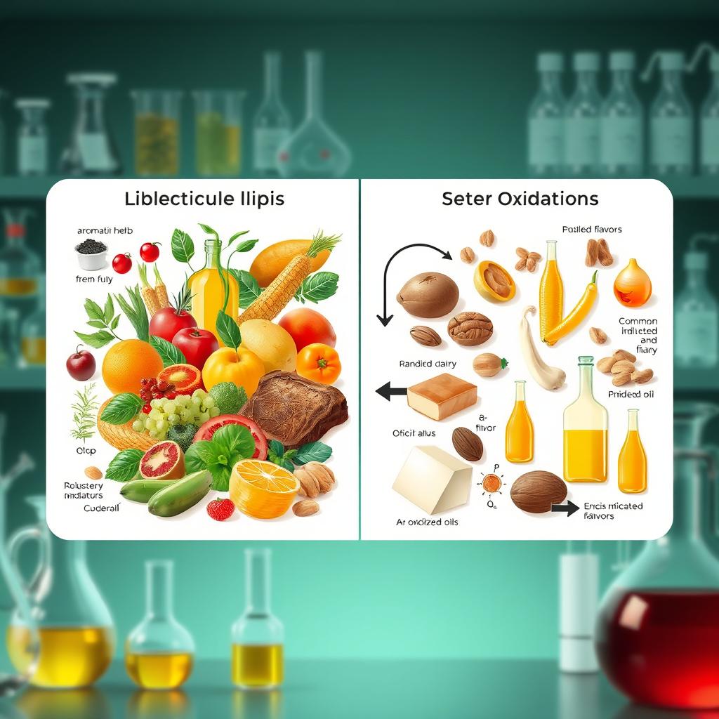 A scientific illustration showcasing the role of lipids oxidation in flavor and off-flavor development