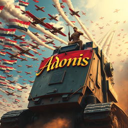 A vibrant and poignant image of a huge, imposing war machine, intricately designed and massive, being mounted by a brave hero clad in military attire, symbolizing Egypt's victory in the Yom Kippur War