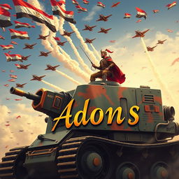 A vibrant and poignant image of a huge, imposing war machine, intricately designed and massive, being mounted by a brave hero clad in military attire, symbolizing Egypt's victory in the Yom Kippur War