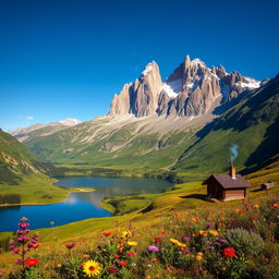 A breathtaking landscape featuring a majestic mountain range under a clear blue sky, with lush green valleys and a serene lake reflecting the mountains